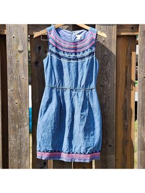 J. Crew Factory Sleeveless Chambray Dress Sz 00 Women's Blue Pockets Embroidered